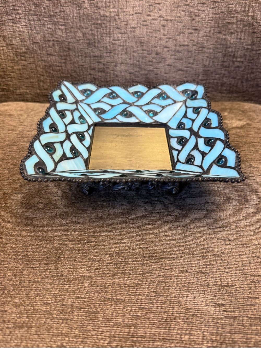 Retired PartLite Spring Water Pillar Candle Holder Tiffany-Style Blue Glass